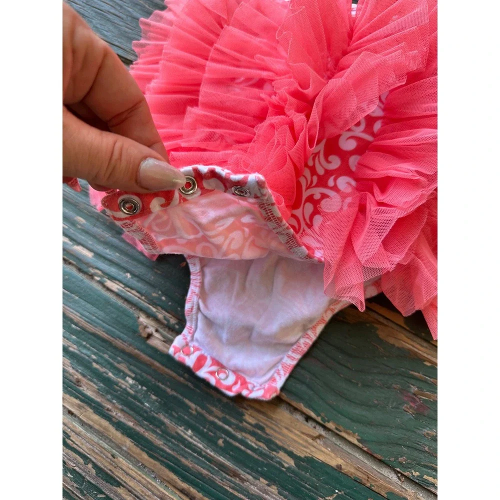 Mud Pie Baby Girls Pink White Damask Ruffle Tulle Bodysuit 6-9M